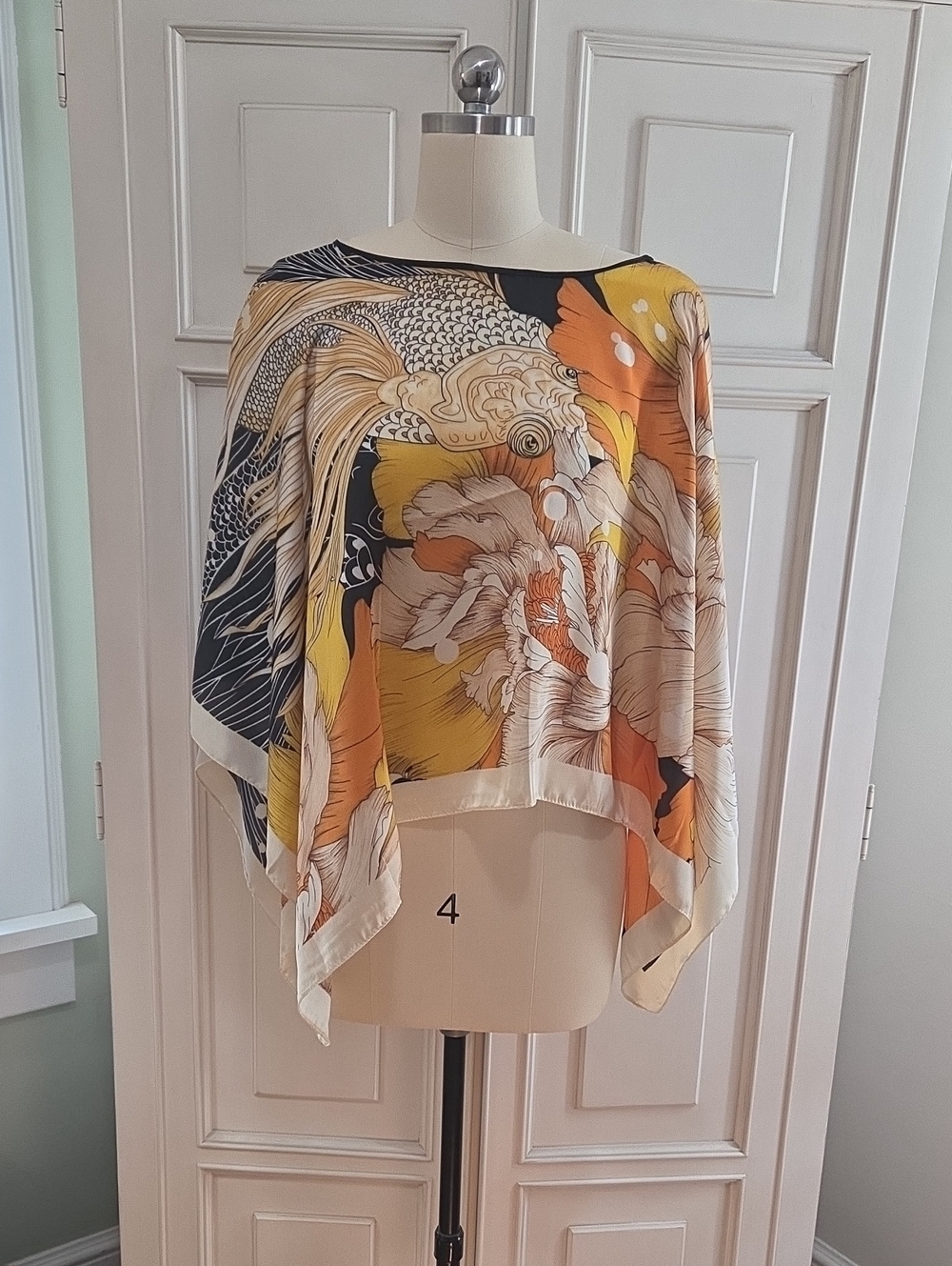 Floral & Koi Print Silk Scarf Top in Yellow, Orange, Black